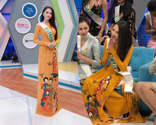 Hương Giang diện áo dài, ngồi nổi bật ở vị trí trung tâm trong buổi ghi hình cho truyền hình Thái Lan